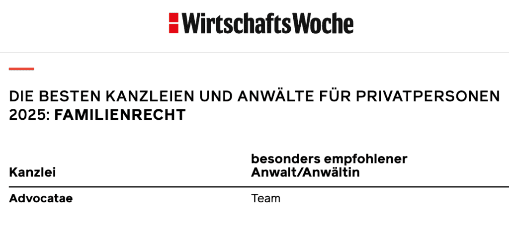 Laut WirtschaftsWoche ist Advocatae Kanzlei beste Kanzlei für Familienrecht in Deutschland